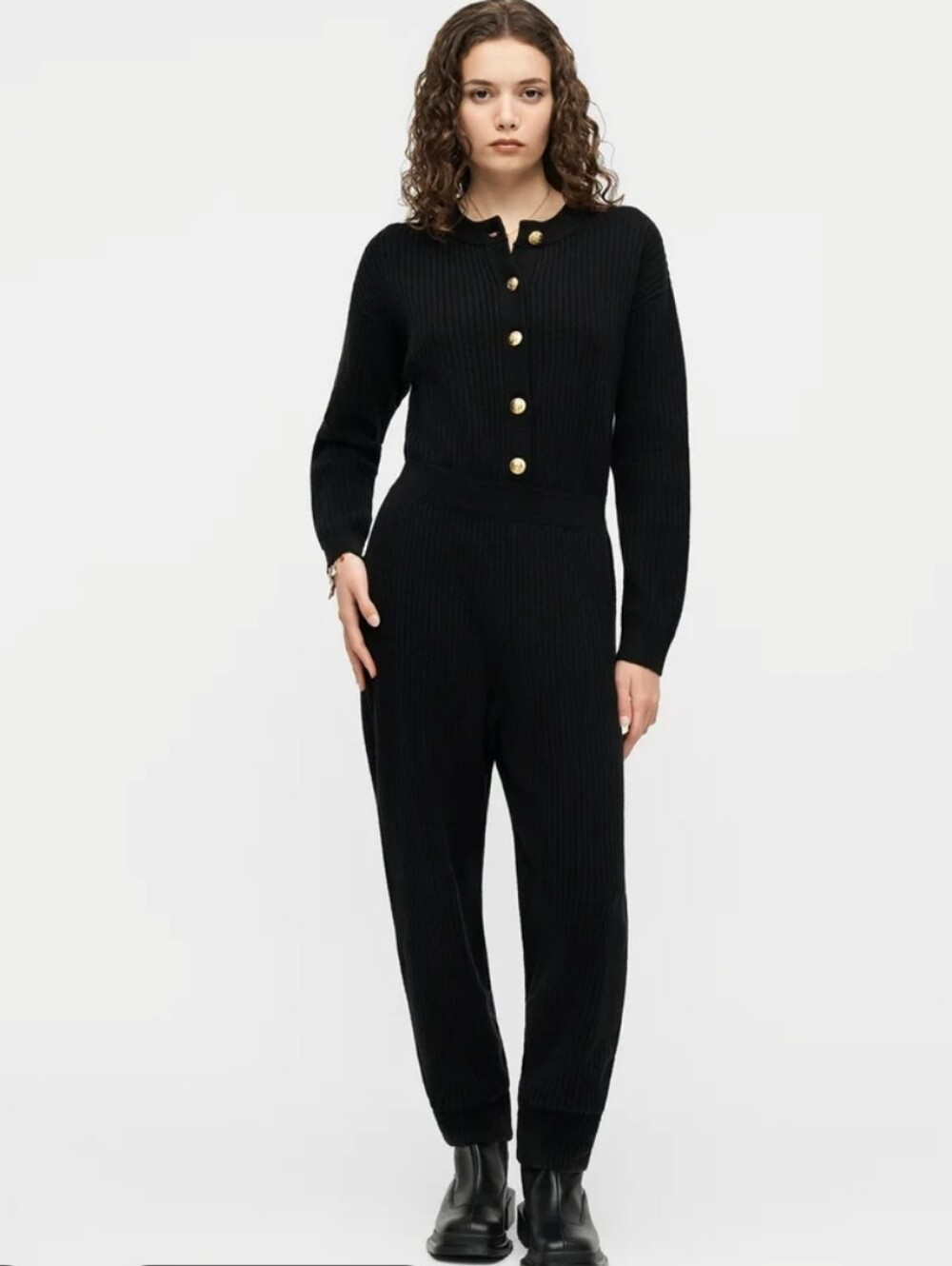 GAP CashSoft Rib Sweater Jumpsuit True Black Gold Buttons